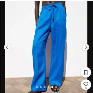Zara Wide Leg Linen Pants MEDIUM Pull On High Rise Blue
